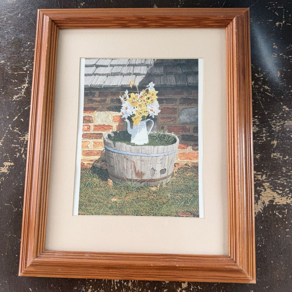 Framed Daffodil Print White Pitcher in Wooden Barrel Brick Wall Garden 13.5x16.5